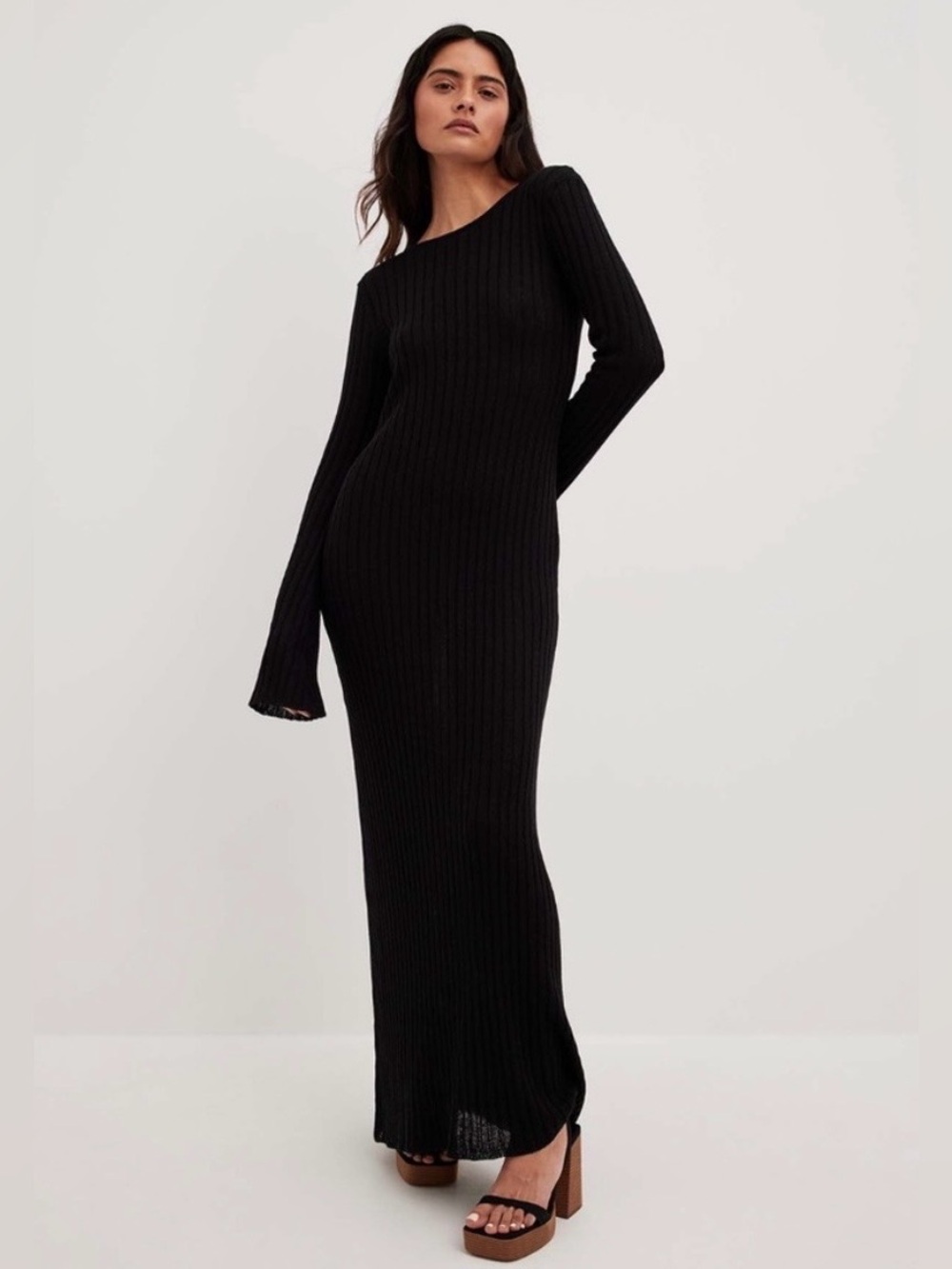 NA-KD Ribbed Long Sleeve Black Maxi Dress
